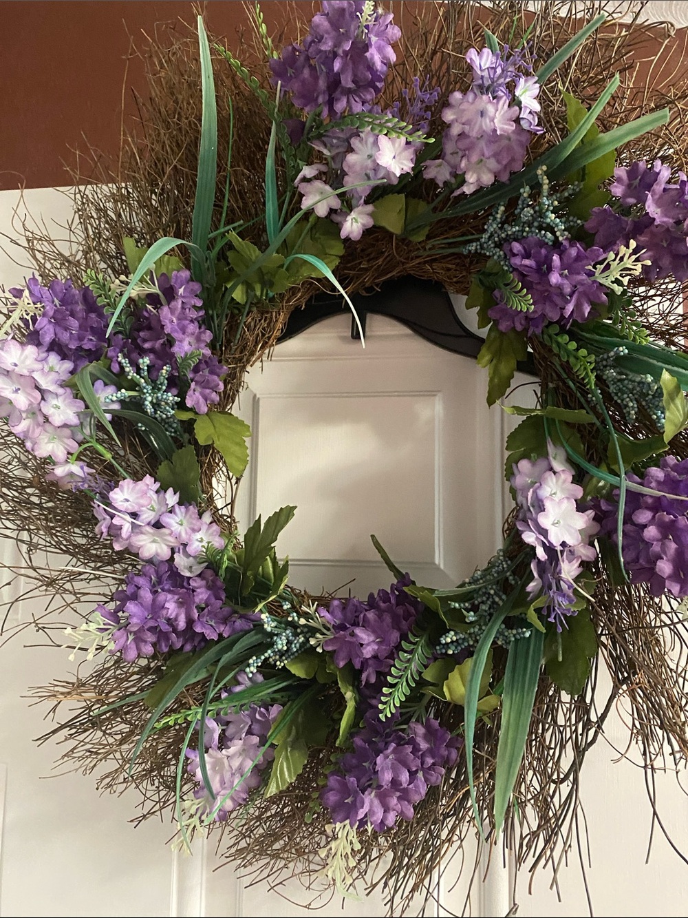 Purple Floral Grapevine Wreath - 9” diameter Faux Florals Door Accent